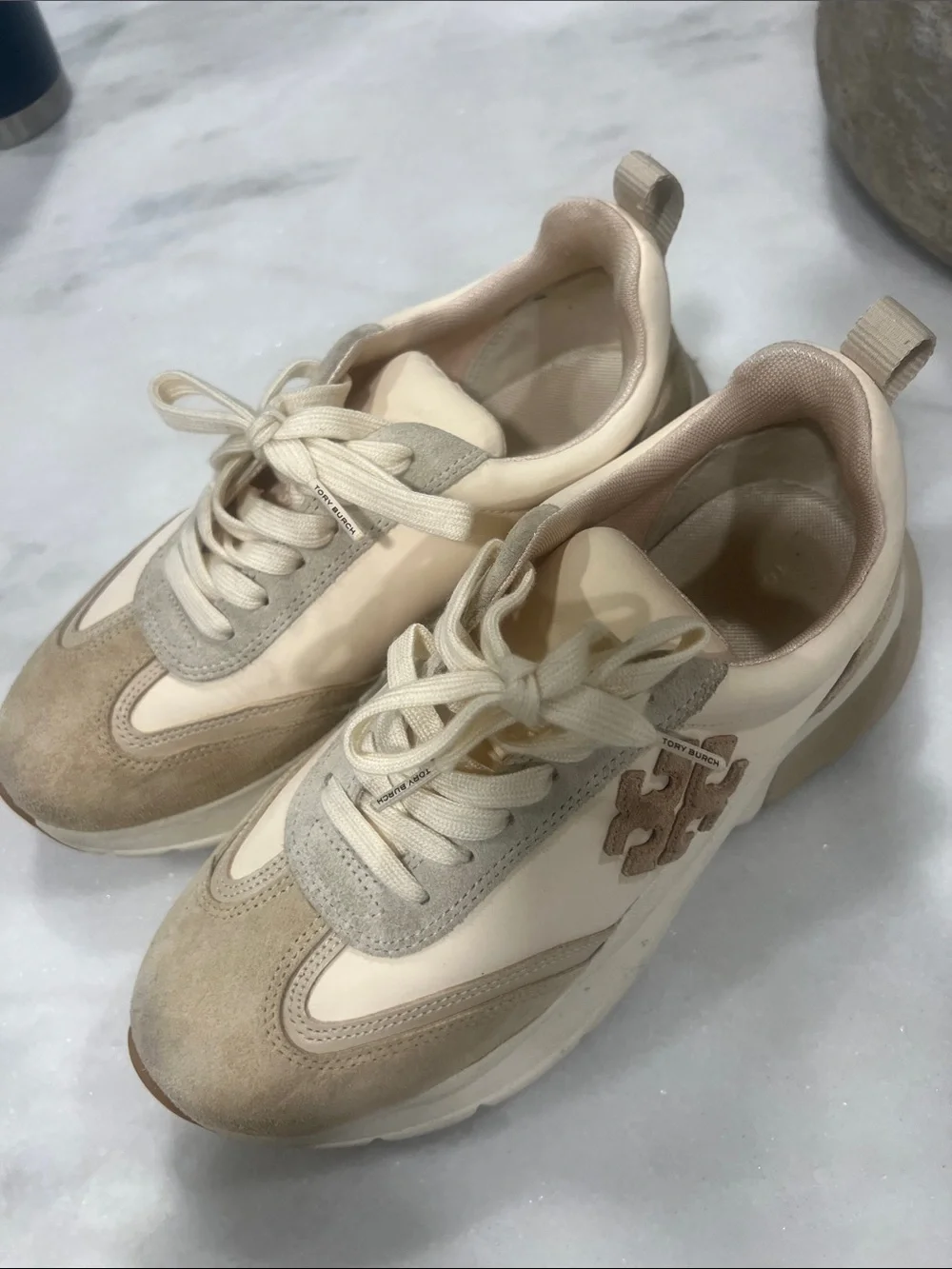 Tory Burch Neutral Beige and Cream Good Luck Trainer Sneakers